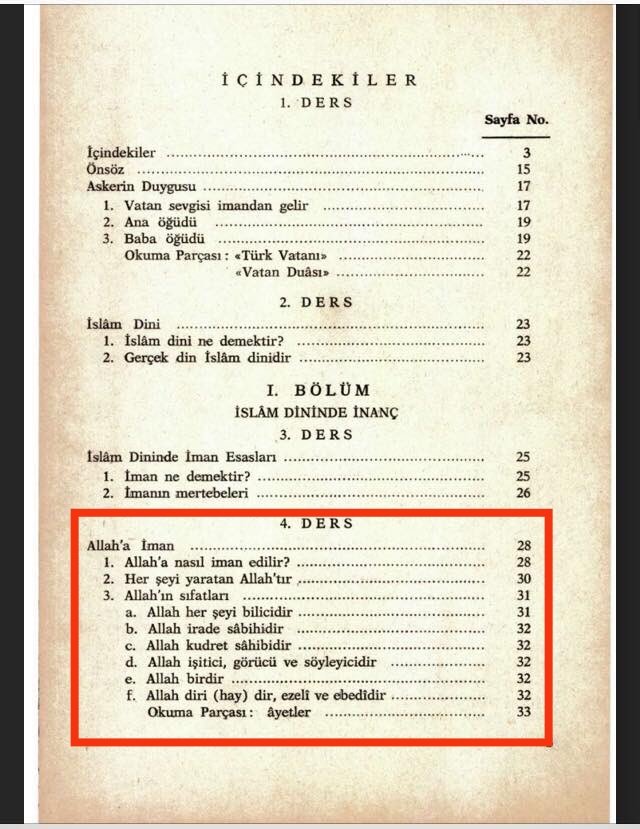 Atatürk'ün emriyle askerlere okutulan din kitabını görüyorsunuz. Buyurun bakın, dördüncü ders Allah'a iman. 

Hani Allah demek yasaktı Mustafa Armağan!