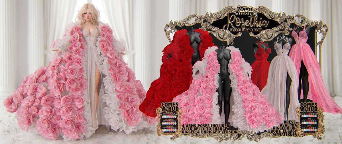 Moon Amore at Collabor88 April Round!
Rosethia Coat &amp; Gown
Coat: Rigged and Unrigged Ver. W/HUD +10 Colors 
Click belly to change up to 4 arms poses.
Gown: Rigged for Ebody, Legacy and Maitreya.  W/HUD +10 Colors 
maps.secondlife.com/secondlife/8%2…