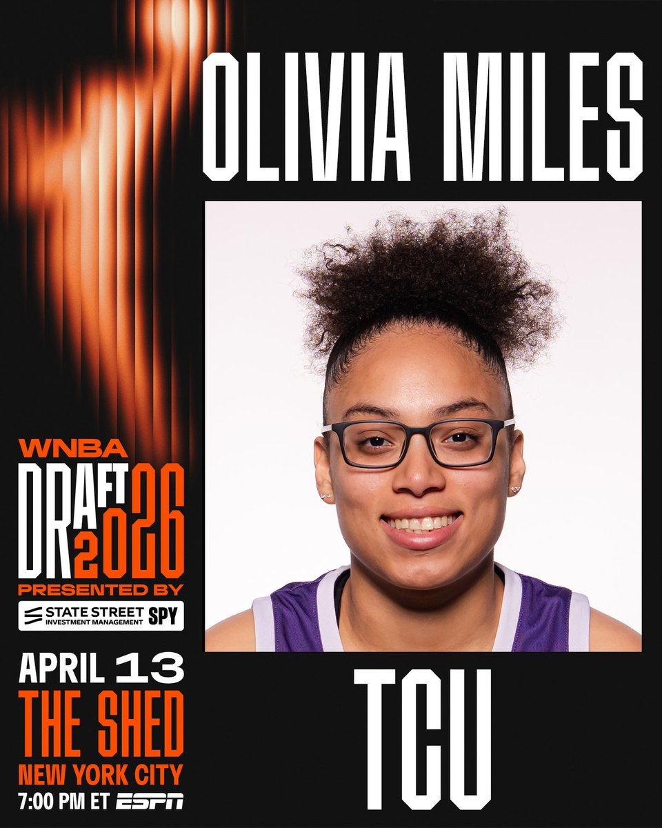 WNBA's tweet photo. From Fort Worth, TX to @TheShedNY 🗽

Olivia Miles is officially invited to the 2026 #WNBADraft presented by State Street Investment Management SPY

📺 Tune in April 13 at 7:00pm/ET on @ESPN to see where her next chapter begins! https://t.co/wyHrMksXqG