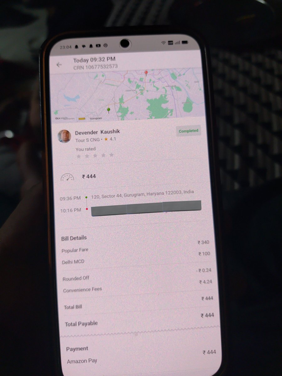 pseudonymouxs's tweet photo. The ride details: CRN 10677532573, driver Devender Kaushik. My total fare was ₹444, which I successfully paid via Amazon Pay. Despite showing him the successful transaction, he refused to let me out and demanded a second payment. https://t.co/FdWwIyZmtq