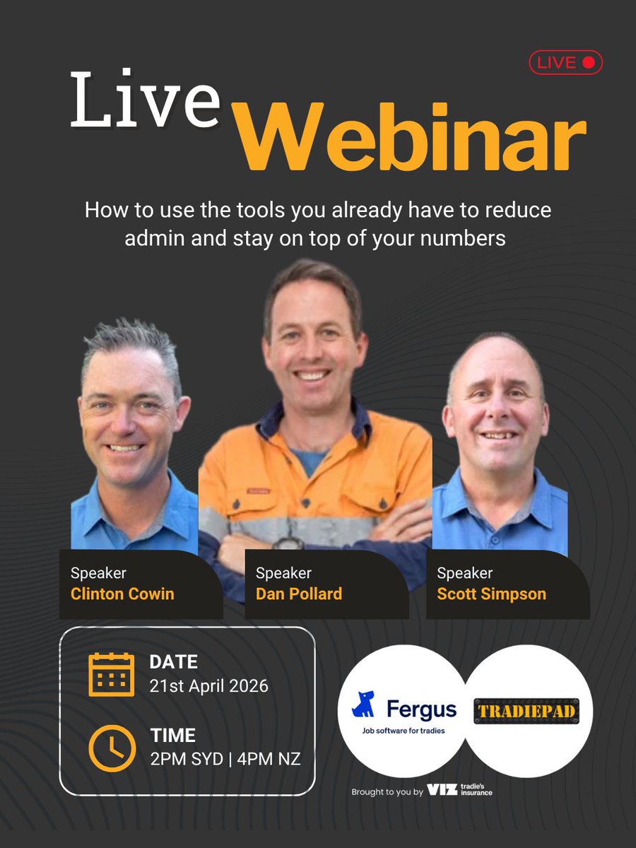 tradiepad's tweet image. If nothing changes, nothing changes. Stop chasing invoices and drowning in admin. Learn how to use the tools you already have to get paid faster.

Webinar with Fergus and TradiePad - 21 April

Register 👉 ap1.hubs.ly/y0KPwh0

#TradieLife #WorkSmarter #Fergus #TradiePad