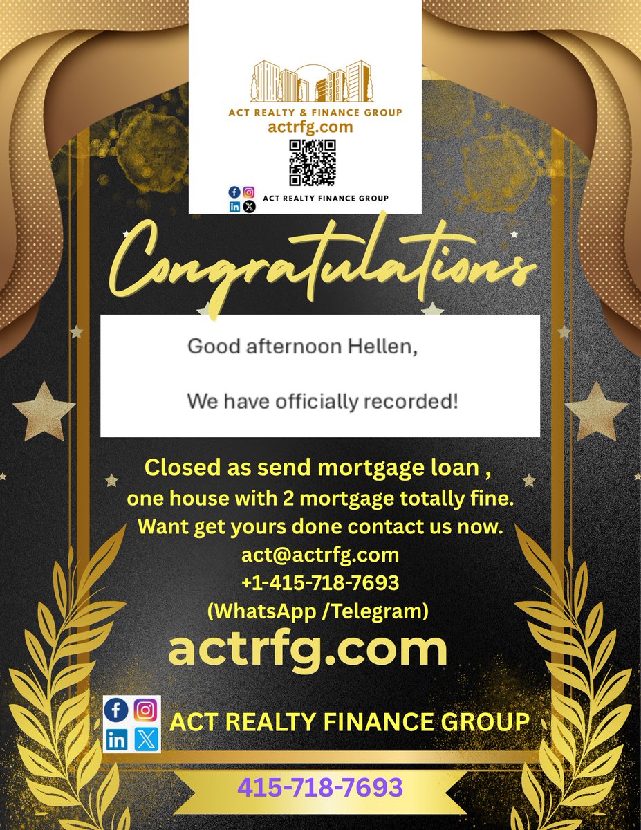 actrfg's tweet photo. #Congratulations to our #borrowers with #noincome #noojob #NoTaxReturns get the 2nd #mortgageloan done, thanks to our #team , we made it . If you want your 2nd or 1st mortgage loan done please feel free to contact us now by calling now : +1-415-718-7693 (WhatsApp/Telegram) or email : act@actrfg.com .Also if you are #realestateagent #loanofficer you are welcome to join us #NoDeskFees #NoBrokerFee work from #home or everywhere you like . By https://t.co/AUpmBCwkfS
@actrfg
*
#恭喜 我们的 # 借款人!在 #无收入、#无工作、#无税表 成功办理# 第二笔抵押贷款!
感谢我们专业的团队,携手完成!如果您需要办理第一笔或第二笔抵押贷款,欢迎随时联系我们:
电话/WhatsApp/Telegram: +1-415-718-7693
邮箱: act@actrfg.com 。另外,如果您是 #房地产经纪人 或 #贷款经纪人,欢迎加入我们团队!
#无桌费 #无经纪费 随时随地 在家办公 或 全球办公,灵活自由!
#actrealtyfinancegroup #realestate #loanbroker #realtor #realestatebroker #california #buyersagent #listingagent #selleragent #smallbusiness
#actrealtyandfinancegroup #Brokerage #realestatebroker #loanbroker #investment #sanfrancisco #SF #SanFranciscoBroker #bayareabroker #RealEstateBrokerage #hirerealtors #hirerealesateagent #newagent #newrealestateagentneeded #美国加州房地产公司 #旧金山贷款公司 #不查收入贷款公司 #查收入贷款公司 #美国旧金山卖家经纪 #美国旧金山买家经纪