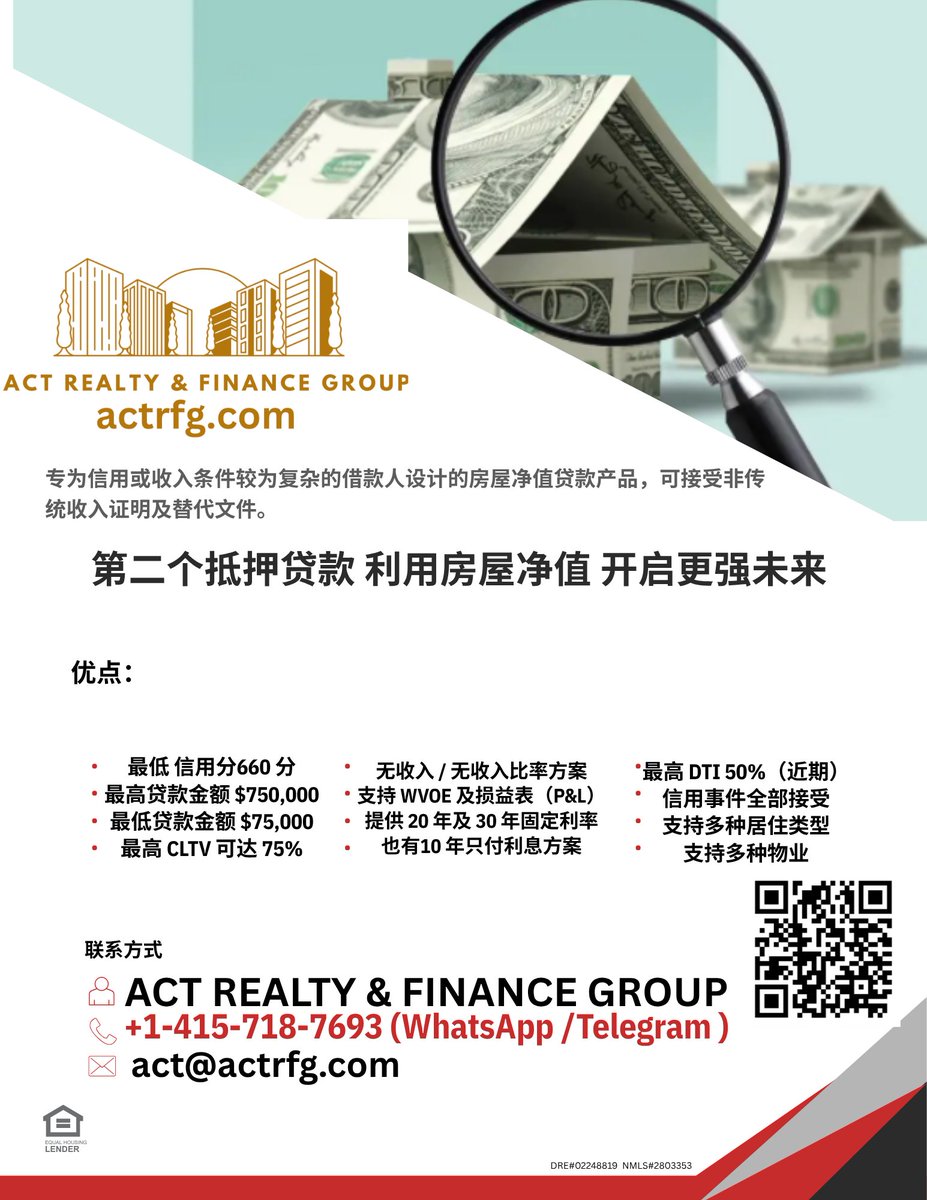 actrfg's tweet photo. #Congratulations to our #borrowers with #noincome #noojob #NoTaxReturns get the 2nd #mortgageloan done, thanks to our #team , we made it . If you want your 2nd or 1st mortgage loan done please feel free to contact us now by calling now : +1-415-718-7693 (WhatsApp/Telegram) or email : act@actrfg.com .Also if you are #realestateagent #loanofficer you are welcome to join us #NoDeskFees #NoBrokerFee work from #home or everywhere you like . By https://t.co/AUpmBCwkfS
@actrfg
*
#恭喜 我们的 # 借款人!在 #无收入、#无工作、#无税表 成功办理# 第二笔抵押贷款!
感谢我们专业的团队,携手完成!如果您需要办理第一笔或第二笔抵押贷款,欢迎随时联系我们:
电话/WhatsApp/Telegram: +1-415-718-7693
邮箱: act@actrfg.com 。另外,如果您是 #房地产经纪人 或 #贷款经纪人,欢迎加入我们团队!
#无桌费 #无经纪费 随时随地 在家办公 或 全球办公,灵活自由!
#actrealtyfinancegroup #realestate #loanbroker #realtor #realestatebroker #california #buyersagent #listingagent #selleragent #smallbusiness
#actrealtyandfinancegroup #Brokerage #realestatebroker #loanbroker #investment #sanfrancisco #SF #SanFranciscoBroker #bayareabroker #RealEstateBrokerage #hirerealtors #hirerealesateagent #newagent #newrealestateagentneeded #美国加州房地产公司 #旧金山贷款公司 #不查收入贷款公司 #查收入贷款公司 #美国旧金山卖家经纪 #美国旧金山买家经纪