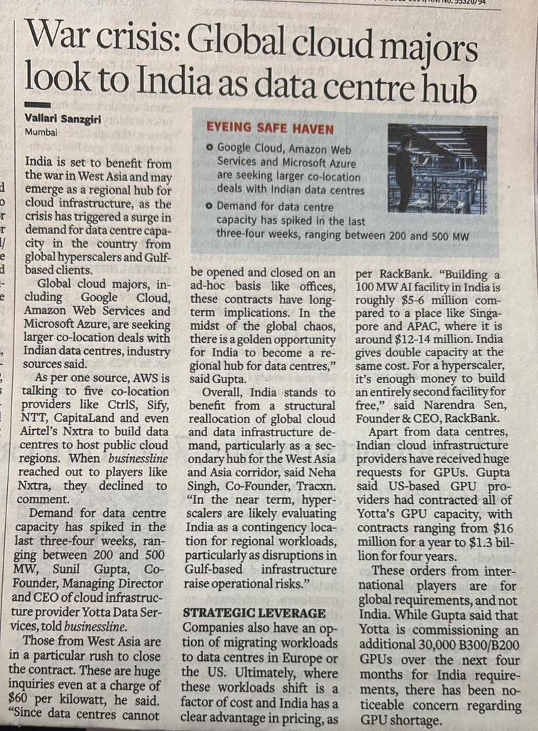 Directgagan's tweet photo. 🔥 West Asia war = India’s Data Centre jackpot!
Global cloud giants @googlecloud @AWSCloudIndia @Azure are chasing HUGE co-location deals with Indian players.
Demand just exploded 200–500 MW in 3–4 weeks. India gives double the capacity at half Singapore’s cost.
Here’s the complete 7-Layer Data Centre Ecosystem Map (60+ companies) powering this boom 👇
Game-changing multi-year opportunity! 🇮🇳☁️
Bullish on India’s AI infra story? Drop your thoughts 👇
#DataCenters #AI #DigitalIndia #CloudBoom #MakeInIndia