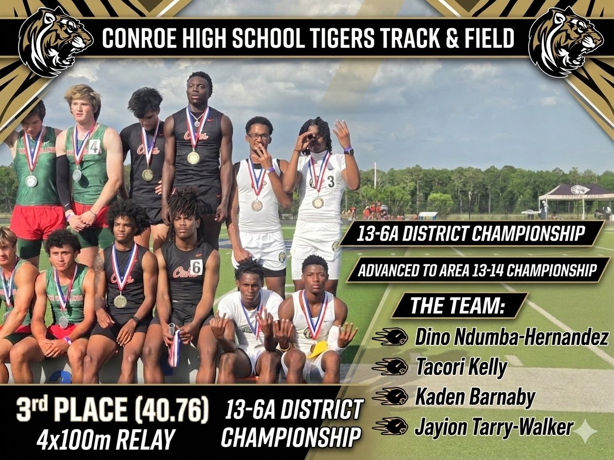 Huge congratulations to our Boys 4x100m Relay team 40.76 at the 13-6A District Championship⚡️
​ punching their ticket to the Area 13-14 Championship
​Shoutout to the speedsters Dino Ndumba-Hernandez
Tacori Kelly
Kaden Barnaby
Jayion Tarry-Walker <a href="/CoachHardeman/">Cedric Hardeman</a>
<a href="/Tasha_Smith78/">Tasha Smith</a>