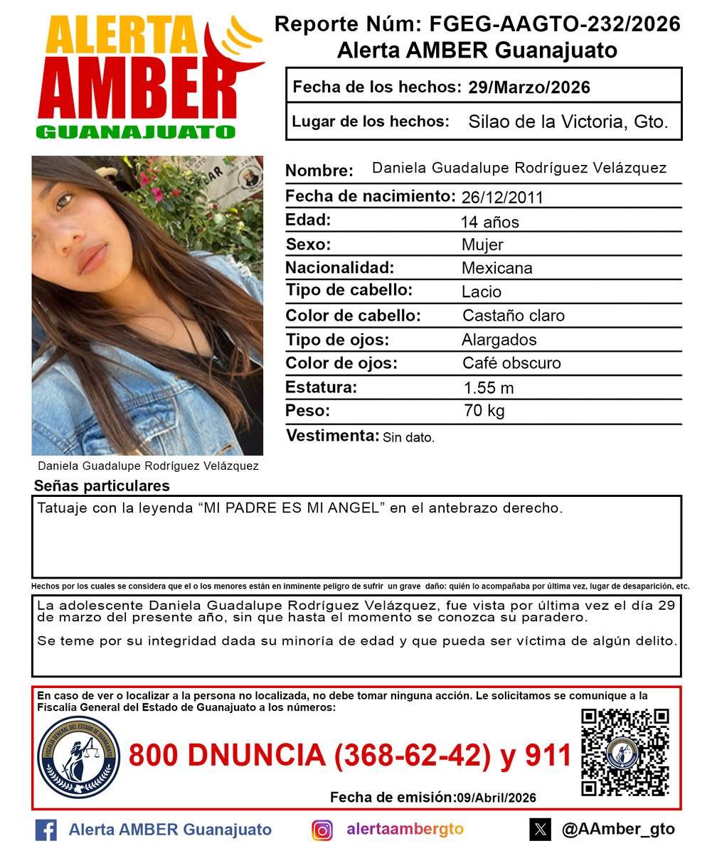 Activación de la Alerta AMBER Guanajuato de la adolescente Daniela Guadalupe Rodríguez Velázquez de 14 años, Silao de la Victoria, Gto. ¡Ayúdanos a localizarla!