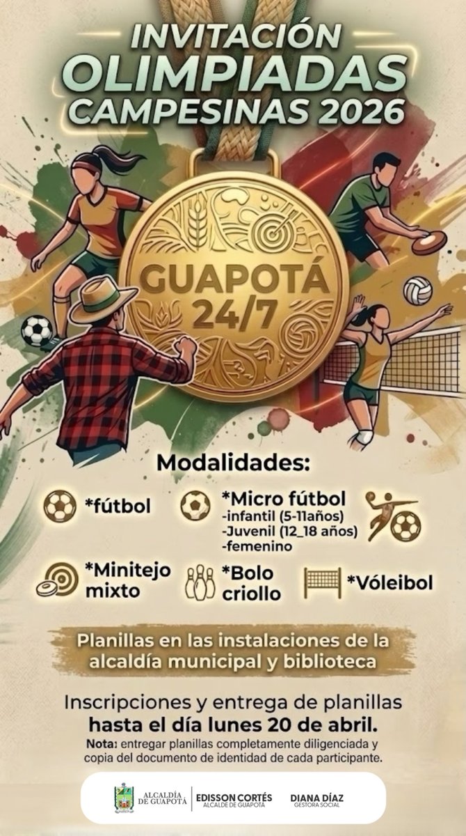 Guapota_S's tweet photo. El deporte nos une como comunidad. ⚽
Desde la Administración Municipal de Guapotá invitamos a todos a participar en las Olimpiadas Campesinas, un espacio de integración, alegría y unión para nuestro campo. 🌿💪#OlimpiadasCampesinas #GuapotáProgresa https://t.co/lvbFxtmFLa