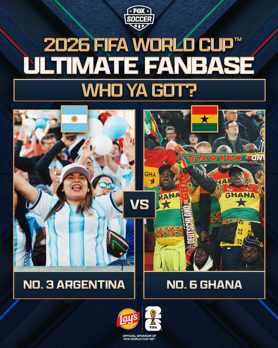 FOXSoccer's tweet photo. 🇦🇷 No. 3 Argentina vs No. 6 Ghana 🇬🇭

Vote below for which country has the better fanbase? 👇 https://t.co/wRXqQlFJK0