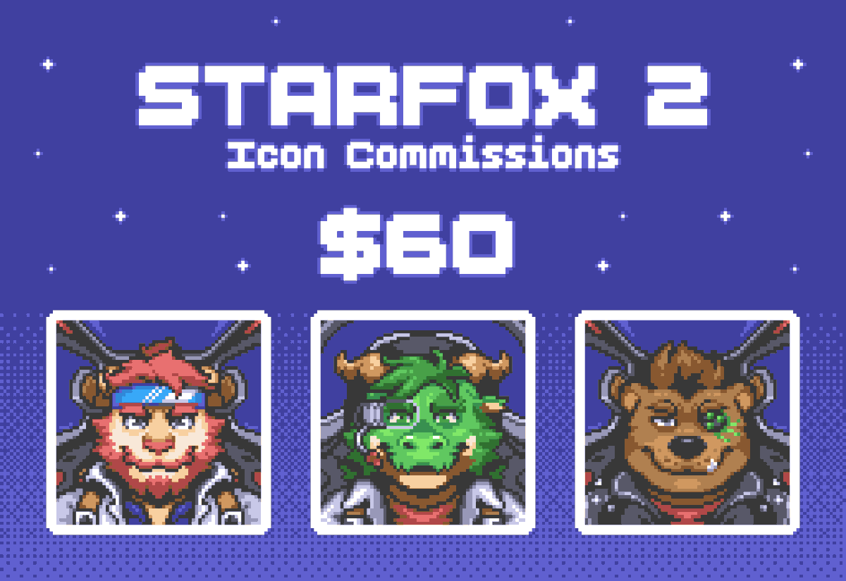 Commission Limited Edition (4 Slots)💫

Star Fox 2 style icons only $60.

IMPORTANT: These icons have a limited number of colors, so please keep that in mind.