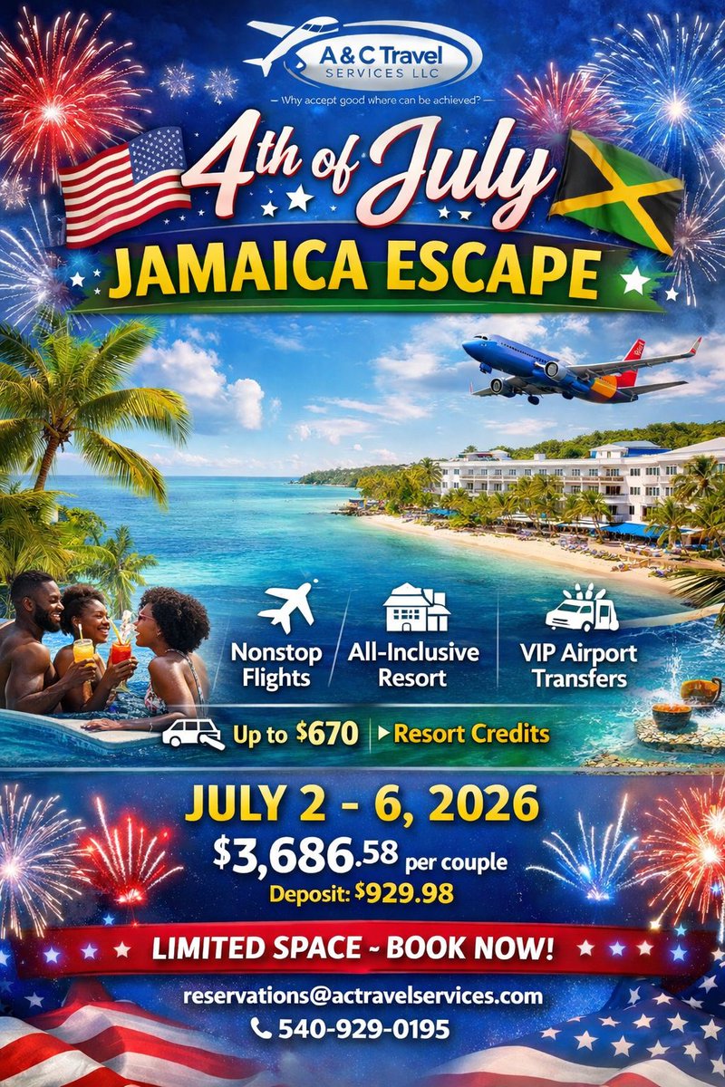 ACTRAVELSERVICE's tweet image. 🇯🇲4th of July in Jamaica!
✈️ Nonstop flights + 🏨 All-Inclusive + 🚐 Transfers + ✨ VIP Service

📅 July 2–6, 2026
💰 $3,686.58 (2 adults)
💳 Deposit: $929.98

📧 reservations@actravelservices.com

📱 540-929-0195

#TravelDeal #Jamaica #4thOfJuly
#actravelservicesllc