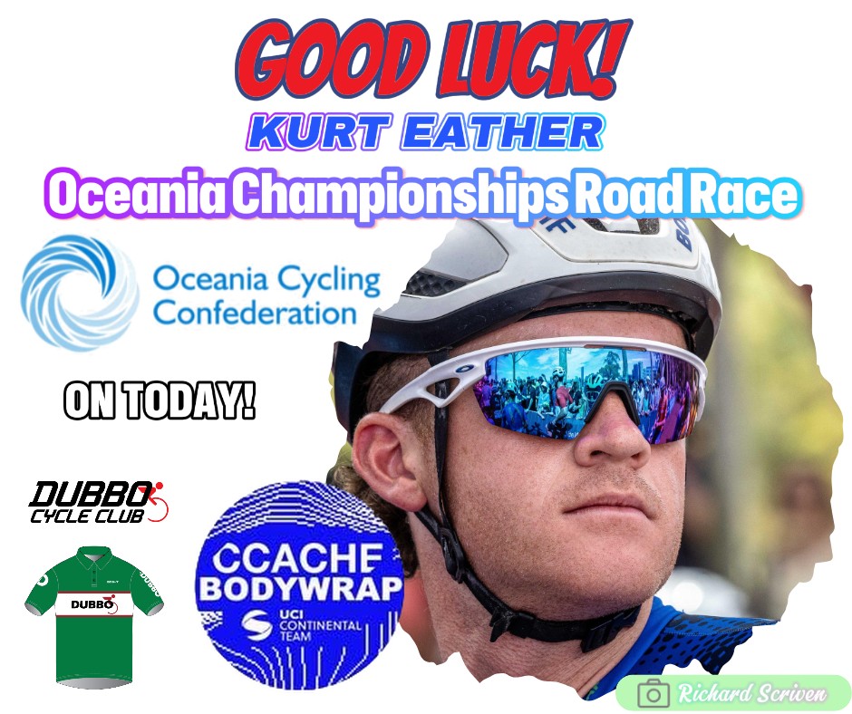 DubboCycleClub's tweet photo. Kurt Eather will be contesting the Oceania Road Race today in Brisbane!  The race starts around 11 a.m. on a hilly 140 km course that is expected to be very fast. Kurt will be riding with the @ccache_bodywrap  team.  Best of luck, Kurt!  @AusCycling @OceaniaCycling https://t.co/ceef6tV7m2