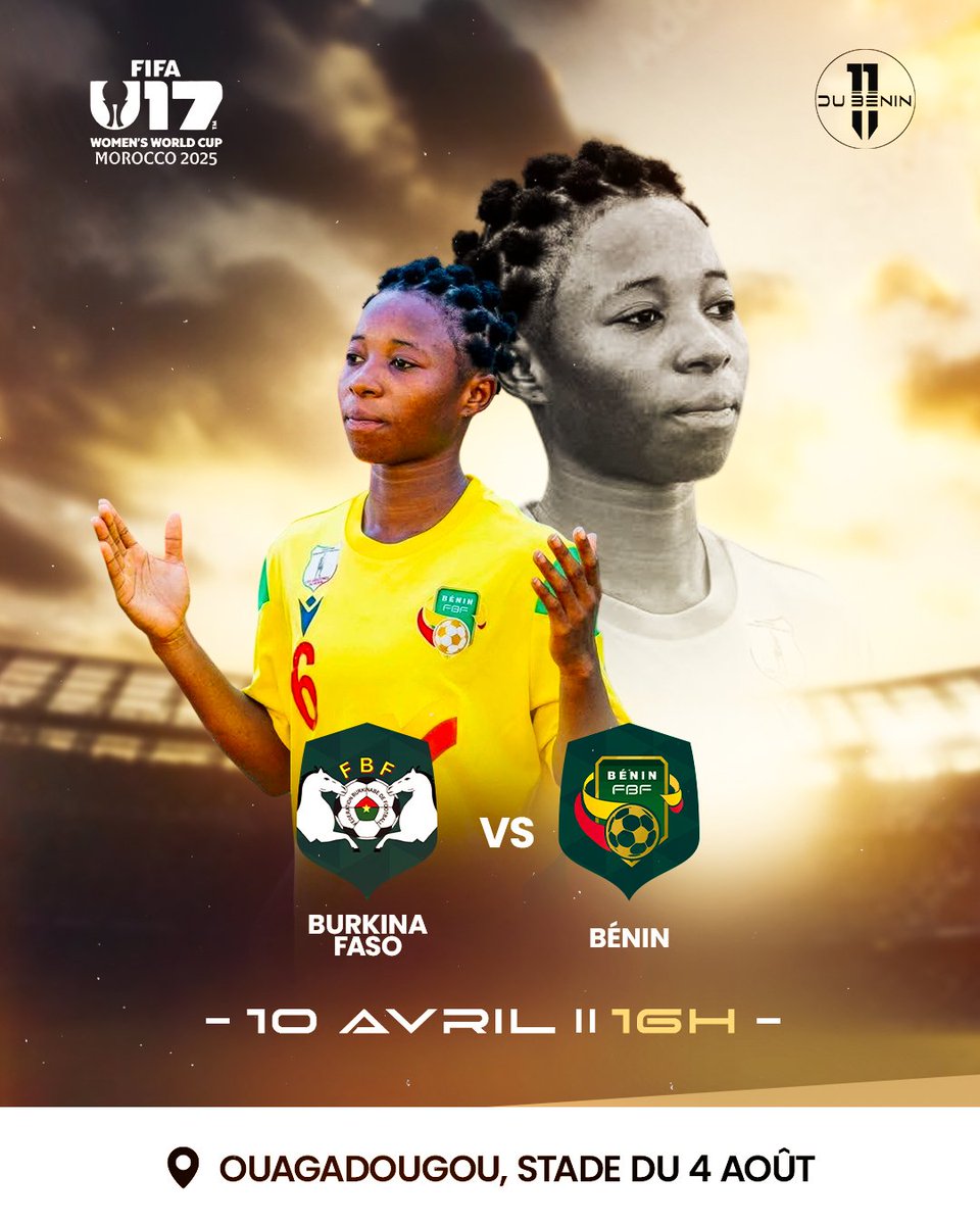 1er tour éliminatoires CDM féminine U17

🕹️ Burkina Faso 🇧🇫 vs 🇧🇯 Bénin
🕒 16h
🏟️ Stade du 4 août

Bonne réussite à nos Amazones U17

#229 #Football #amazonedubenin #Benin