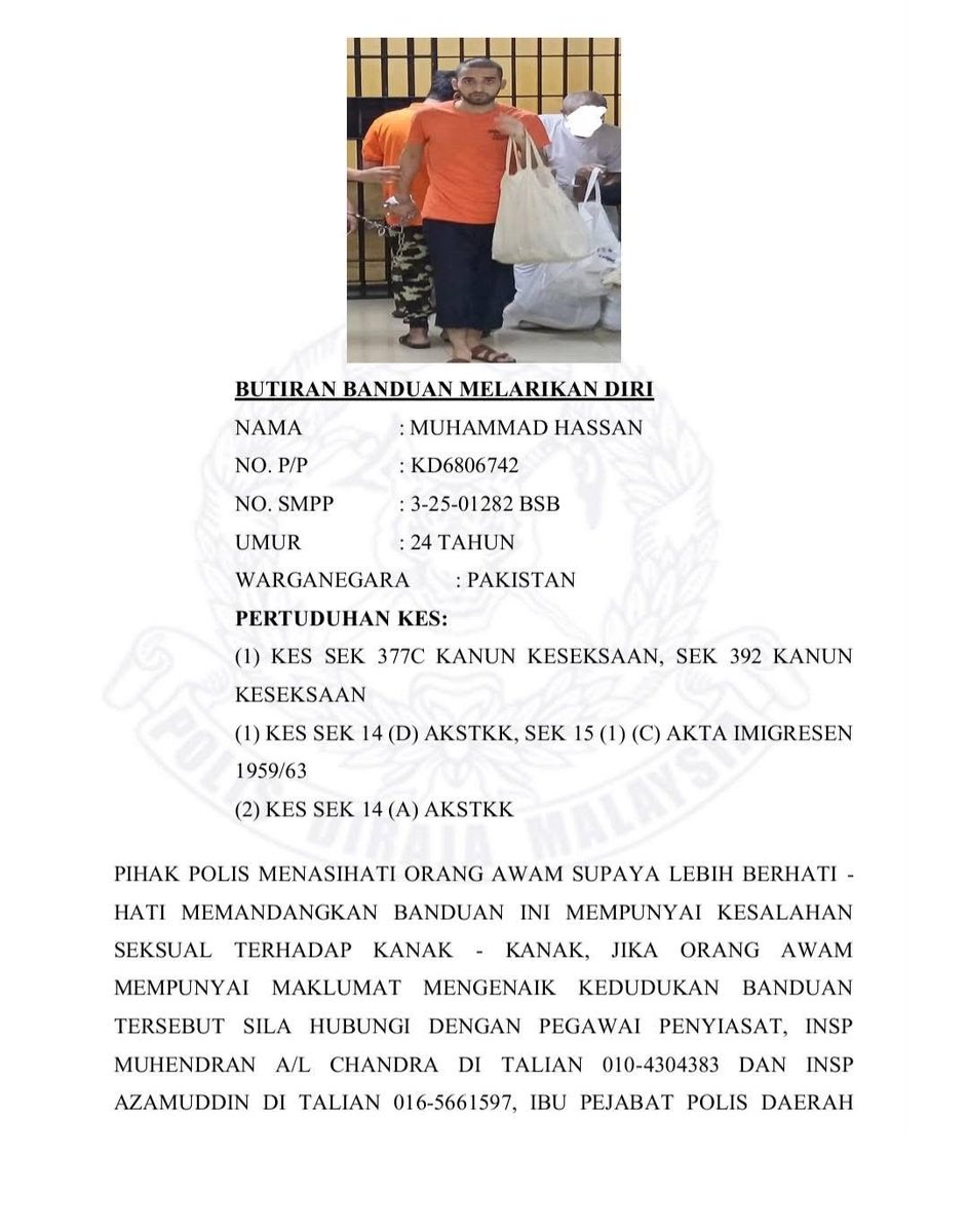 redzuanNewsMPB's tweet photo. Tahanan warga Pakistan yang melarikan diri dari Penjara Sungai Buloh semalam sedang dikesan.

Lelaki itu mempunyai kesalahan seksual terhadap kanak-kanak. https://t.co/nfObKuW9zu