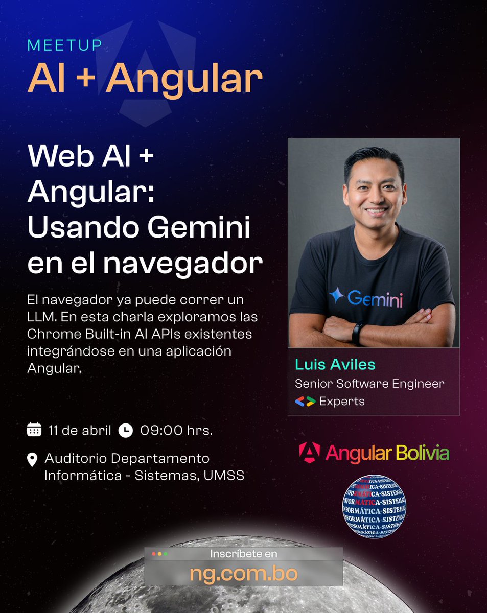 angularBolivia's tweet photo. 🚀Segundo speaker: @luixaviles 

“Web AI + Angular: Usando Gemini en el navegador”, Aprende cuándo usar Web AI y qué patrones funcionan en Angular.

📍 Auditorio de Informática y Sistemas, UMSS
🕘 Sáb 11 abril - 09:00 AM
🎟️ Cupos limitados
🔗 https://t.co/nkk2SQNphq

#Angular #IA https://t.co/sLUQqYQ2VK
