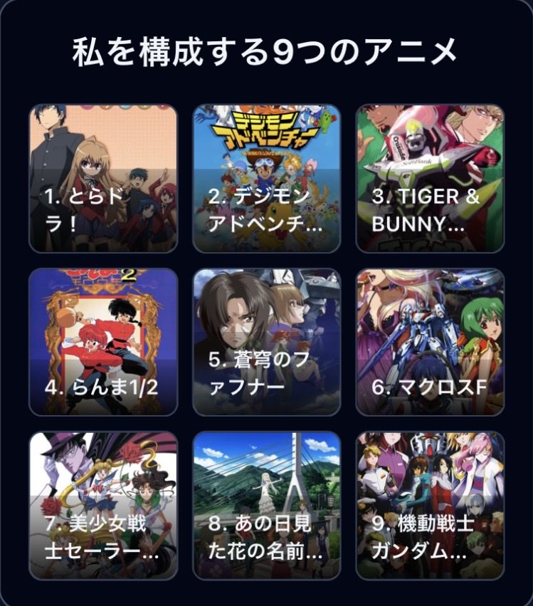 #私を構成する9つのアニメ

1. とらドラ！
2. デジモンアドベンチャー
3. TIGER &amp; BUNNY （タイガー・アンド・バニー）
4. らんま1/2
5. 蒼穹のファフナー
6. マクロスF
7. 美少女戦士セーラームーン
8. あの日見た花の名前を僕達はまだ知らない。
9. 機動戦士ガンダムSEED

tlpt-telepath.github.io/9-animes/
