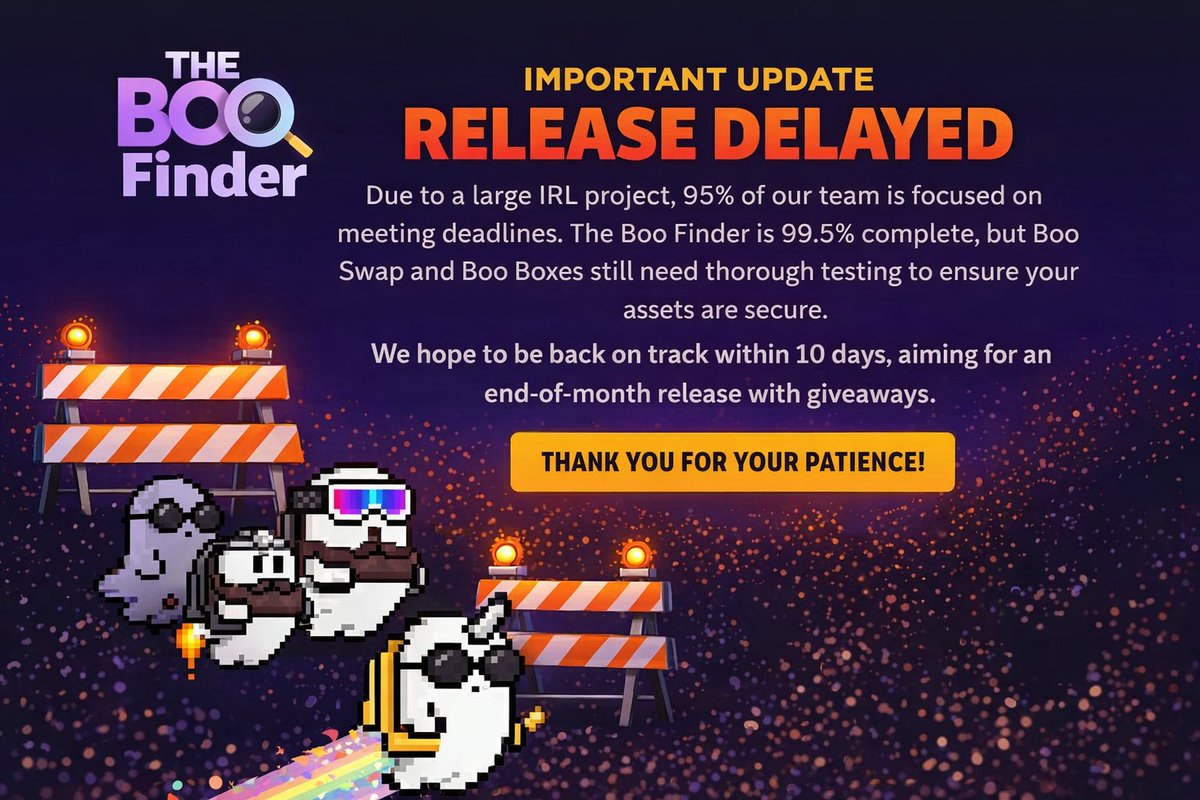 DevglyphX's tweet photo. Boo Finder Release Update

@TheBooFinder  platform is 99.5% complete, but our Boo Swap and Boo Boxes modules still require full security testing before we can responsibly open them to the public.

This week, our company was awarded a large IRL project, and the majority of our team is currently dedicated to meeting that deadline. Because of this, our release window has shifted slightly.

We expect to resume full development within 10 days and are targeting an End‑of‑Month Release. We appreciate the community’s understanding and will be offering giveaways as a thank‑you for your patience.

#DeadPixelsGhost #DeadPixelsClub #Hedera #Level9labs #Buildforfun #Buildforall #Notaboutprofits
