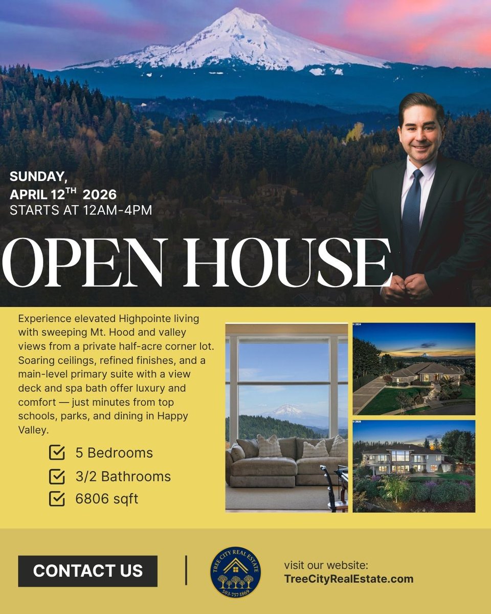 TreeCityRE's tweet image. 🏡 Open House | April 12 | 12–4PM
$1,899,900 | 5BD | 6,806 SF
📍 11719 SE Solomon Ct, Happy Valley
Sweeping Mt. Hood views, elevator, main-level primary suite, 3-car garage + RV parking.
Hosted by Antonio Garcia Ojuel, Broker
📞 503-891-0472
🌐 TreeCityRealEstate.com
#OpenHouse