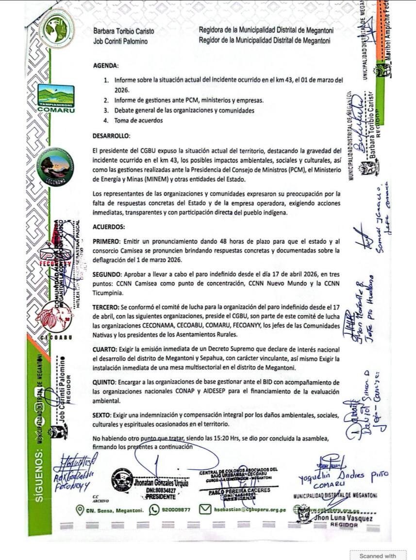 #Cusco📍A 40 días de la deflagración en Camisea, el Comité de Gestión del Bajo Urubamba (CGBU) —que agrupa a organizaciones indígenas, autoridades y ciudadanos de Megantoni— anunció un paro indefinido desde el 17 de abril ante la falta de atención a sus demandas.🧵