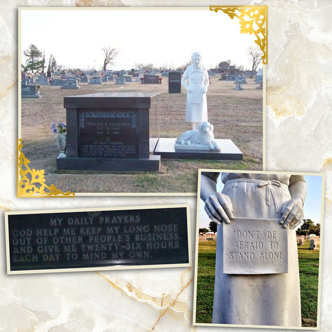 FindaGrave's tweet photo. This unique monument belongs to Thelma Holford, and depicts her and her dog, Bunnie. It was originally crafted in Italy, requested by Thelma herself. The memorial reads "Don't be afraid to stand alone".

Memorial page: https://t.co/ySLcSt2lOE https://t.co/yUUGQa6gyF