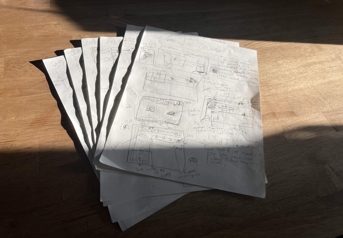 The manuscript for the demo, illuminated by the afternoon sunlight. The programmatic half of the demo is well over. Now, it's all creative use of the engine and, y'know, colors, sounds, music, and writing.