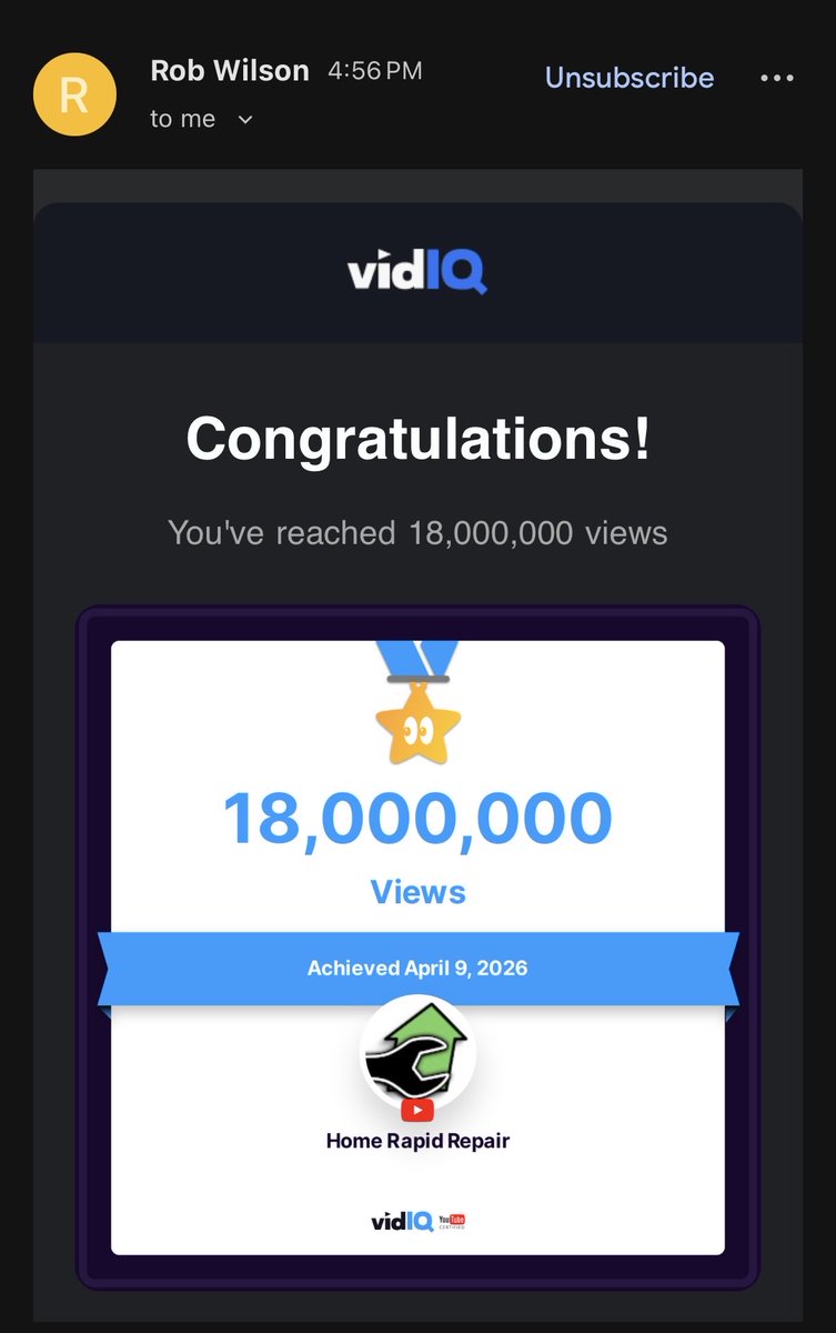 HomeRapidRepair's tweet photo. @vidIQ Thank you Rob Wilson 😎 https://t.co/htJBz7roWi