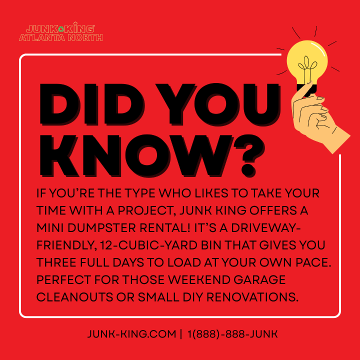 AtlantaJunk's tweet photo. Our 12-cubic-yard MINI Dumpster is the perfect solution for those who like to take their time and tackle projects at their own pace. Driveway-friendly and convenient, it gives you three full days to load up your weekend garage cleanout or DIY renovation... https://t.co/vE4wLjksmm https://t.co/xEeDH4m2Uw