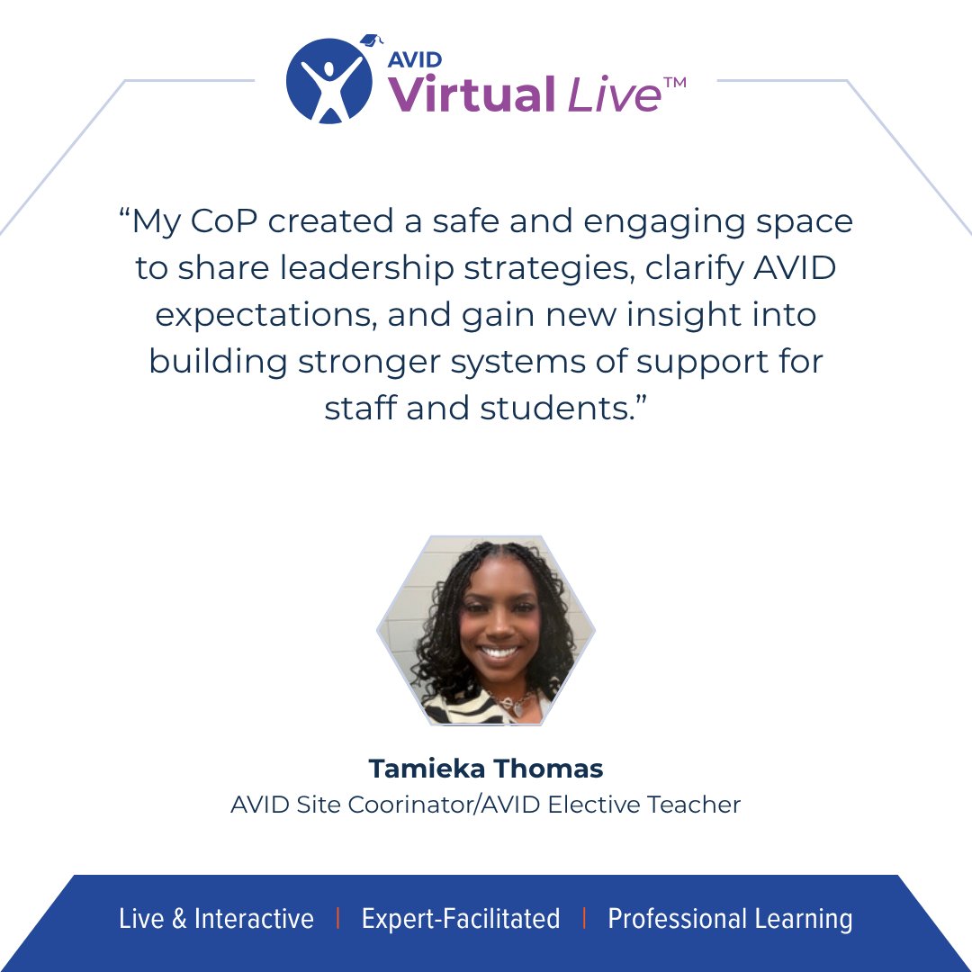 AVID4College's tweet image. Alignment changes everything.

When teams move together, impact scales.

AVID Virtual Live supports that shift—beyond individual learning to systemwide growth.

Learn more → bit.ly/3JnBed1

#ProfessionalLearning #Education
