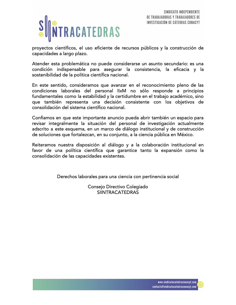 Celebramos el anuncio de nuevas plazas para el fortalecimiento del sistema científico nacional.

Al mismo tiempo, consideramos necesario abrir una reflexión sobre la situación del personal que forma parte de la propia Secretaría y sostiene funciones sustantivas del sistema