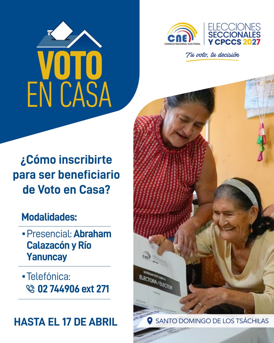 🇪🇨 Inscríbete como beneficiario del #VotoEnCasa 🏘️ para las #Elecciones2027Ec y del #CPCCS.
🔴 Requisitos:
➡️ Tener una discapacidad física igual o superior al 75% y 50 años de edad a la fecha definida para los comicios.
Contáctanos: 02 744906 ext 271
¡Tu voto, tu decisión!