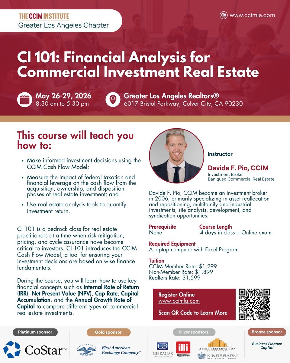 CCIMLA's tweet photo. Ready to level up your commercial real estate analysis skills? ❤️‍🔥 

📊CI 101: Financial Analysis for Commercial Investment Real Estate is coming to CCIM Greater Los Angeles!

🔗 Register today:
https://t.co/Iw7ORglI3w https://t.co/Dzla8TxfuI