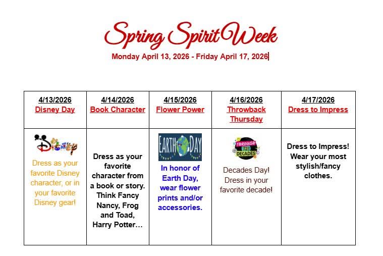 SnhuRms's tweet photo. RMS will be celebrating our Spring Spirit Week next week! Let's show everyone our spirit by participating! https://t.co/oxBjHICjDo