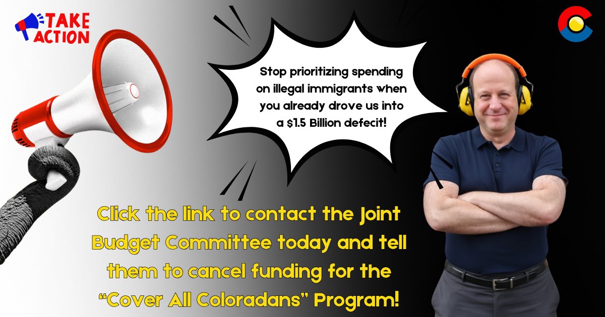 COFreedomForce's tweet photo. https://t.co/FCzSd8MHTA
Colorado is in a $1.5B deficit, but Polis and his Democrats refuse to budge on funds going to illegal immigrants! Click the link to contact the Joint Budget Committee today and tell them to cancel all funding for the "Cover All Coloradans" program and put Colorado citizens first!
