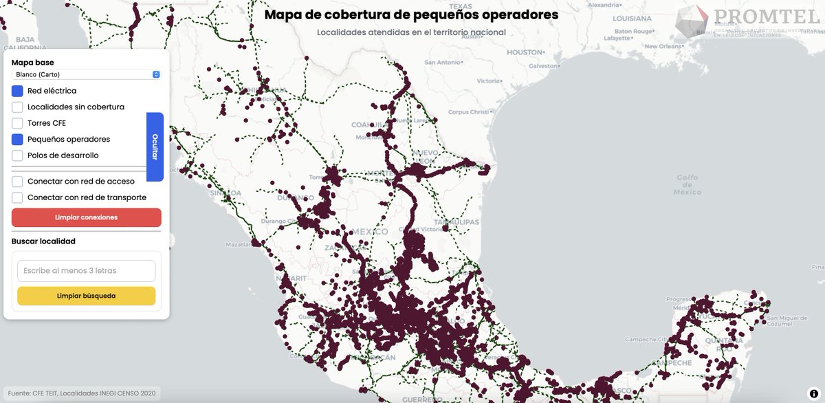PromtelMx's tweet photo. 🗺️📍Conoce el mapa de cobertura de los pequeños operadores en México.

✅ Localidades cubiertas
✅ Localidades sin cobertura
✅ Disponibilidad de red eléctrica y torres de CFE

Este mapa es un recurso interactivo. Puedes consultarlo en: https://t.co/E6YD1Cksw2 https://t.co/vOUhFzZjxa