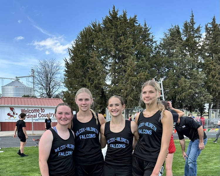 whfalcons's tweet photo. The JH girls started track season off with a BANG this afternoon, setting multiple school records at the Alma Quad!

Alexis Garrett: discus--66' 5"
Ellie Blank: triple jump--30' 5.5"
4x400 relay Maddison Lienemann, Georgia Guthrie, Ellie Blank, &amp; Elsie Donley in a time of 4:53.2. https://t.co/RKbGEJKCG1