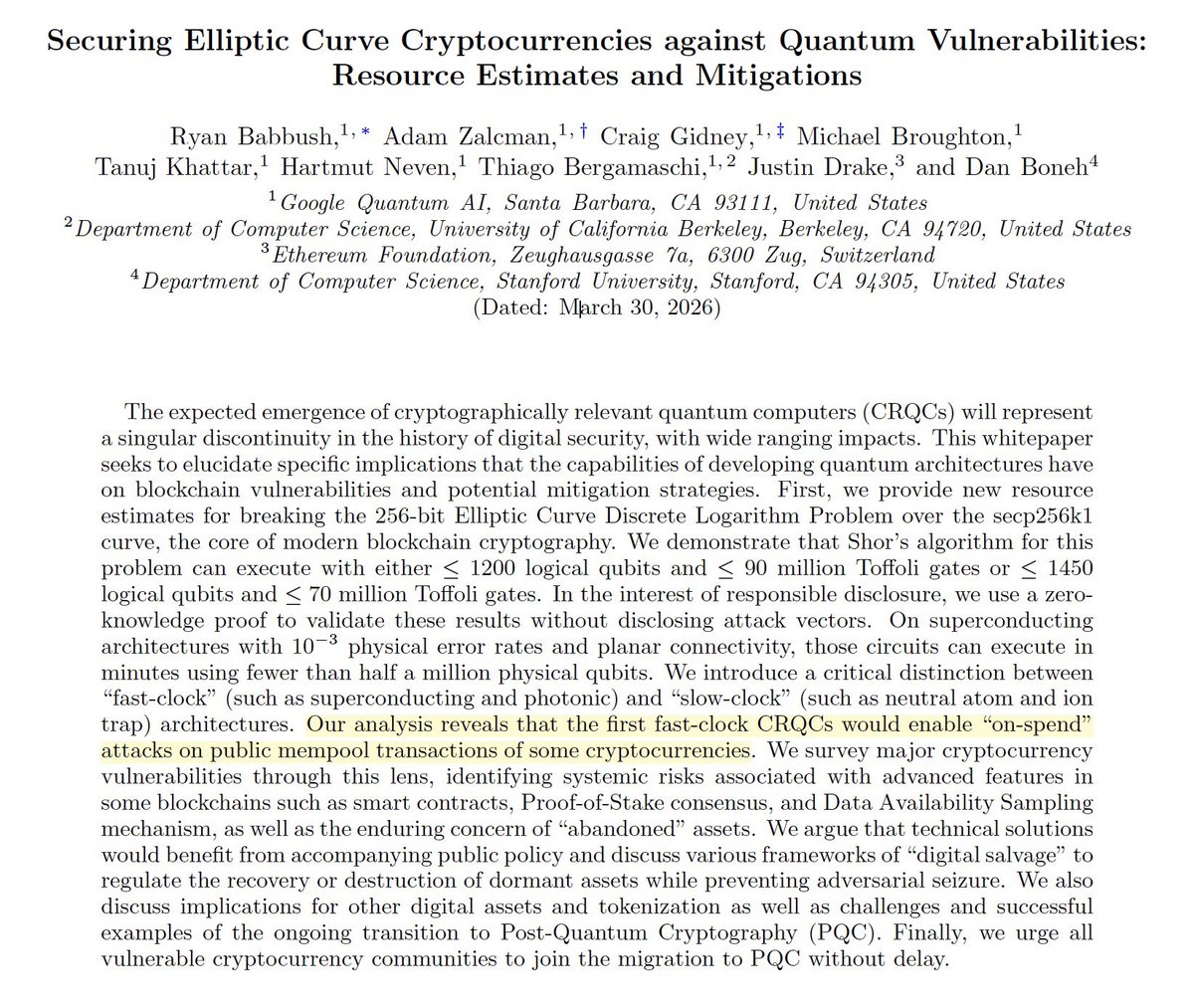 marjidofficial's tweet photo. Pay Attention to this thread if you hold crypto 😭

🚨 Google has issued a major quantum computing warning 🚨
Today, they published significant new research on advancing toward quantum attacks that could compromise current cryptographic systems used in crypto.

Traditional cryptography faces serious threats. Mempool-based attacks are now feasible in practice. We need to shift to post-quantum cryptography immediately.

Thread 🧵