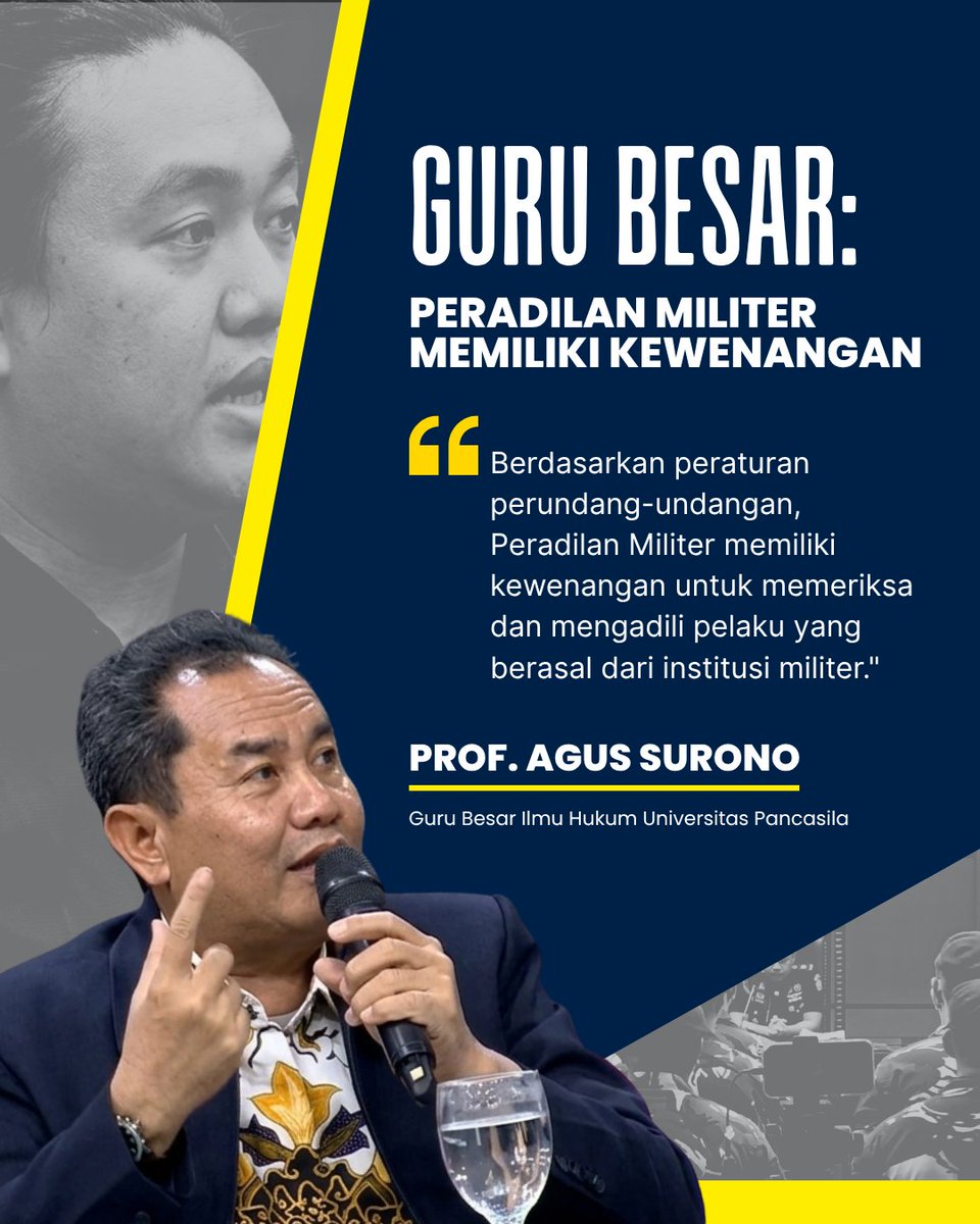 camilaaaabc's tweet photo. Prof. Agus Surono tegaskan Peradilan Militer miliki kewenangan sah berdasarkan undang-undang untuk adili pelaku dari institusi militer. Hukum tetap tegak! ⚖️
​#jagaindonesia #Indonesiaamandamai #fokuskerja #politiksejuk #stabilitasuntuksemua https://t.co/voFo7ZSuSd