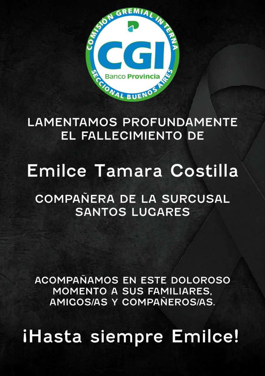 Vuela alto querida compañera QEPD 🖤

CGI BANCO PROVINCIA, SECCIONAL BUENOS AIRES