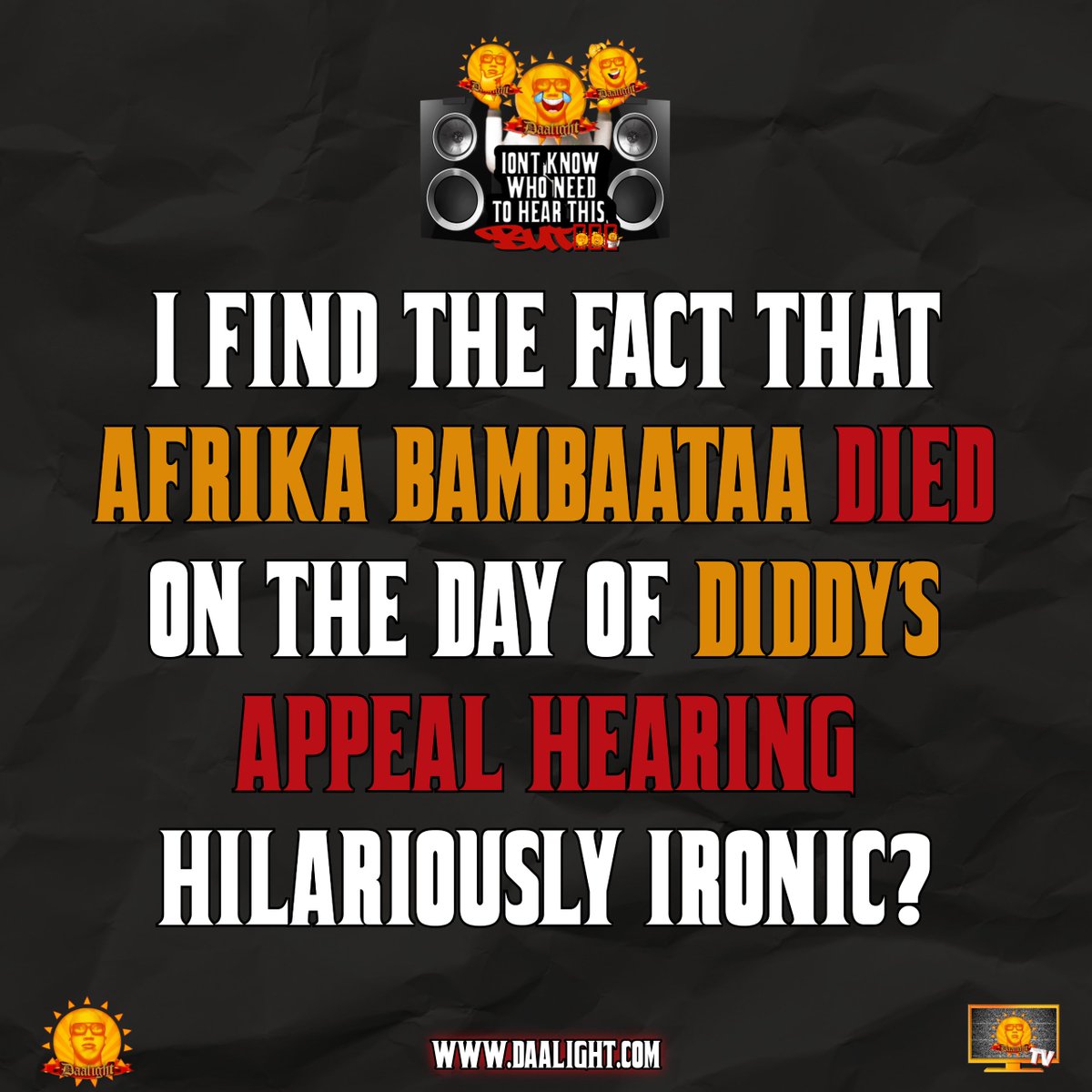 Daalight's tweet photo. The irony is undeniable

Life has a way of weaving unexpected twists. Afrika Bambaataa’s passing on the same day as Diddy’s appeal hearing is a moment that raises eyebrows and thoughts alike. Coincidence or poetic irony?

#IronyUnfolded #AfrikaBambaataa #Diddy https://t.co/qmXGow2yNz