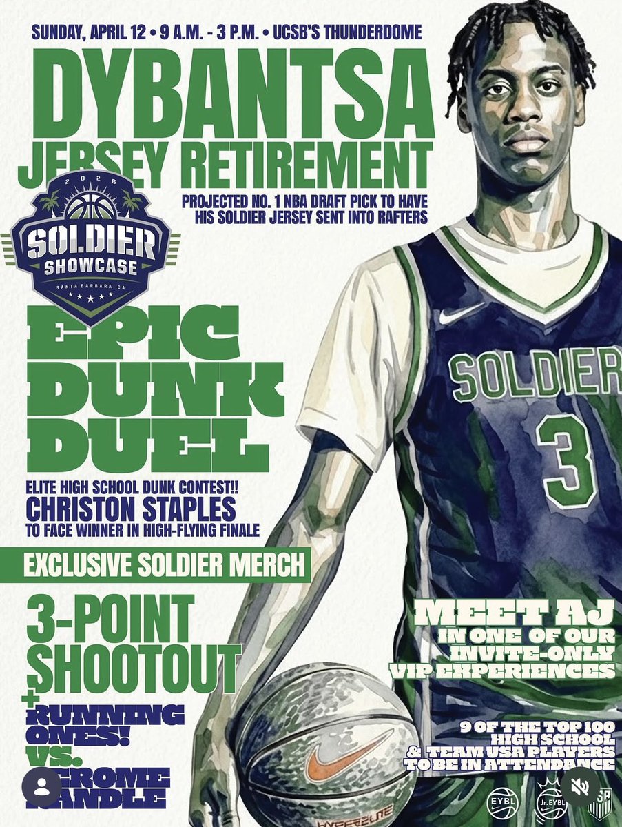 Soldiers_Salute's tweet image. Meet Soldier alum and potential number 1 pick @AJ_Dybantsa as we retire his jersey this Sunday 4/12/26 in Santa Barbara. Scan QR code for tickets
🫡 #salute