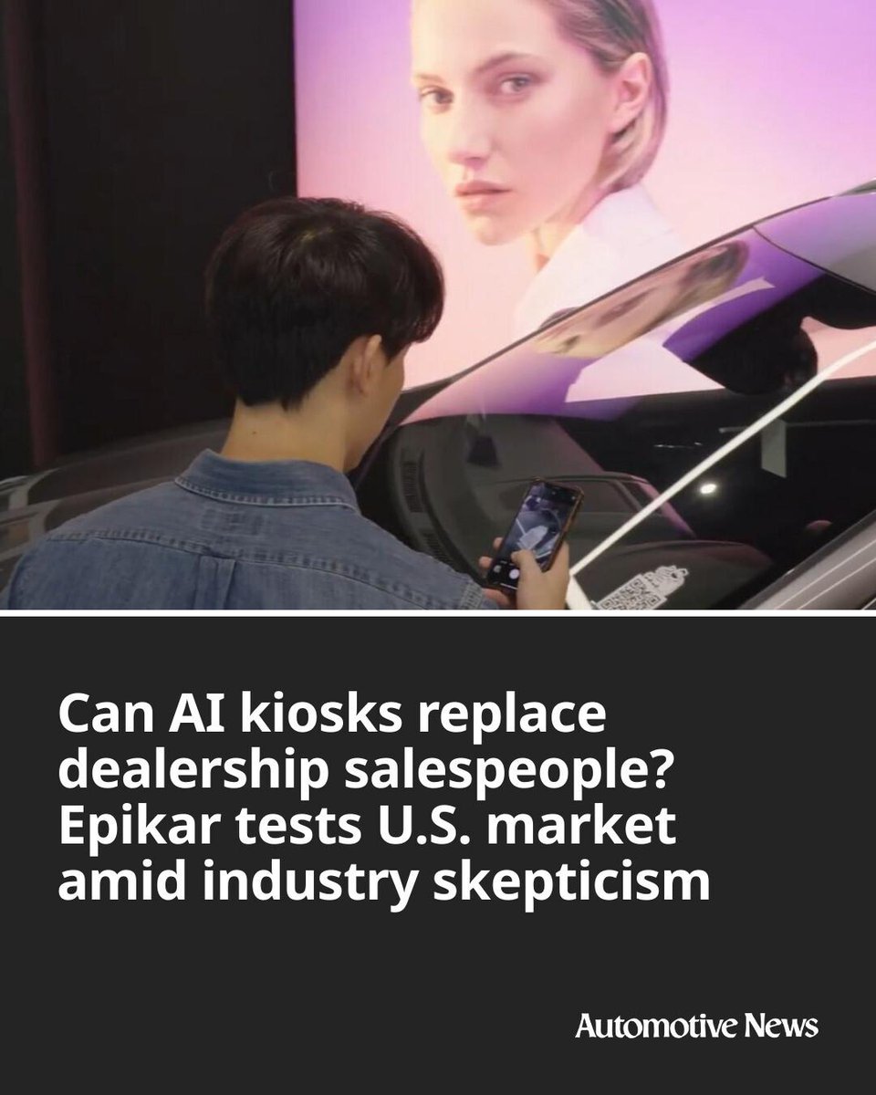 Automotive_News's tweet image. A South Korean startup is betting American car buyers are ready to ditch dealership salespeople for artificial intelligence-driven kiosks — but industry experts say U.S. consumers aren’t there yet.

#artificialintelligence #AI #autoretail #automotive #autoindustry