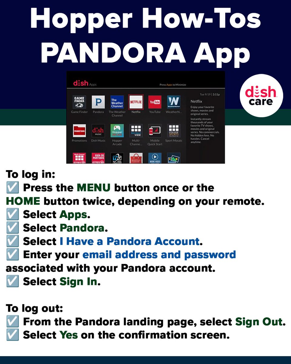 dish_answers's tweet image. 🎶 PANDORA ON DISH: Available on Hopper, Wally, &amp;amp; Joey 4 (via Play Store). Internet connection required! 🌐

➜ 54.0/60.0: HOME x2 &amp;gt; Apps
➜ 52.0: Apps button
➜ 40.0: Blue button
Follow the image for login steps.

#DishAnswers #Pandora