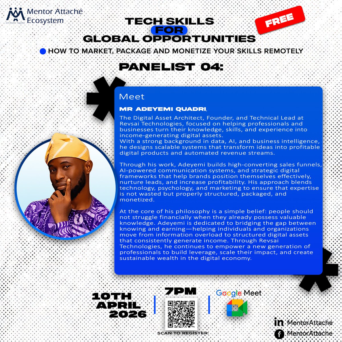 mentor_mide's tweet photo. Only 1 days left

Join us LIVE on April 10 @ 7pm UTC +1

Come with your questions, and register them at https://t.co/YFIEThcouz
 One panelist shares are ready to turn you Skills and Experience into Income Generators. 
 #TechSkills #RemoteIncome #MentorAttache #Skill #Webinar https://t.co/7oPwRDmwSn