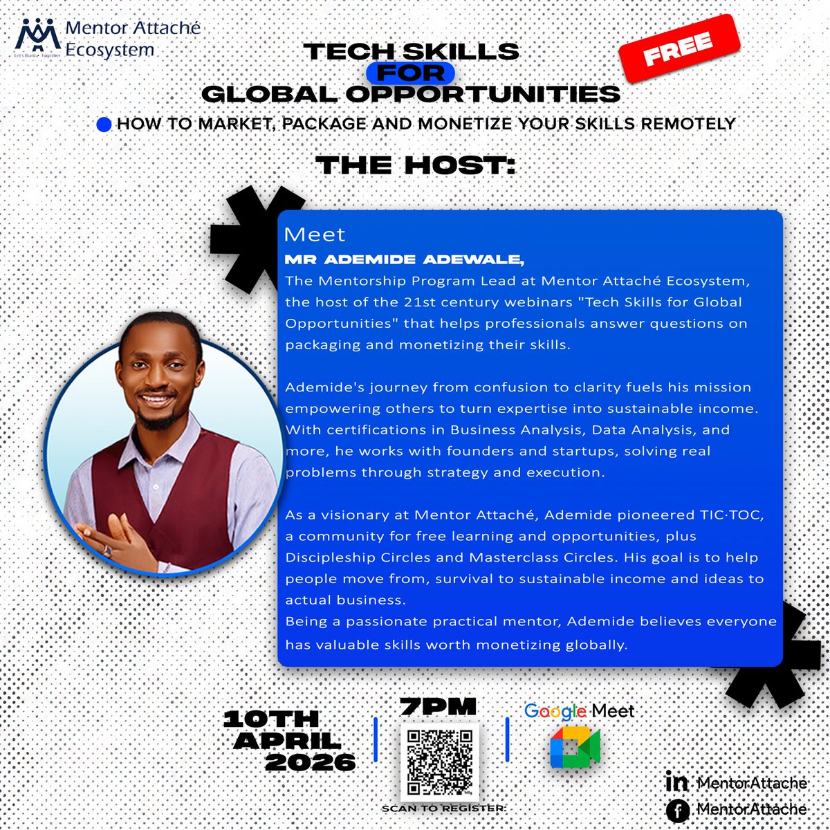 mentor_mide's tweet photo. Only 1 days left

Join us LIVE on April 10 @ 7pm UTC +1

Come with your questions, and register them at https://t.co/YFIEThcouz
 One panelist shares are ready to turn you Skills and Experience into Income Generators. 
 #TechSkills #RemoteIncome #MentorAttache #Skill #Webinar https://t.co/7oPwRDmwSn