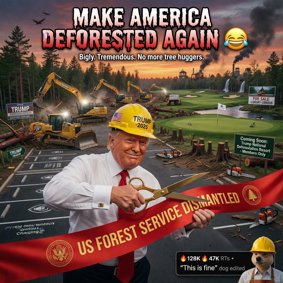 YaseenKhanYous5's tweet photo. @allenanalysis Because nothing says ‘Make America Great Again’ like burning the agency that manages actual forests. Next up: abolishing the National Park Service because who needs trees when you have golf courses? 😂 https://t.co/W6DGahSORy