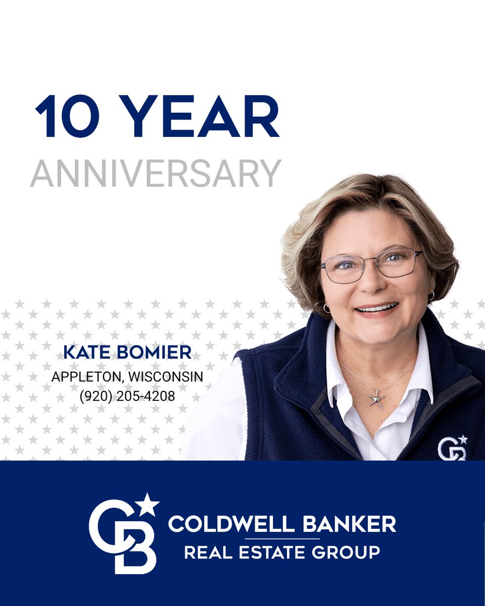 Today we congratulate real estate agent, Kate Bomier, of the Appleton, Wisconsin office for her 10 years with our company. We are so proud to have Kate as part of the Coldwell Banker Real Estate Group family. #TheBestWearBlue