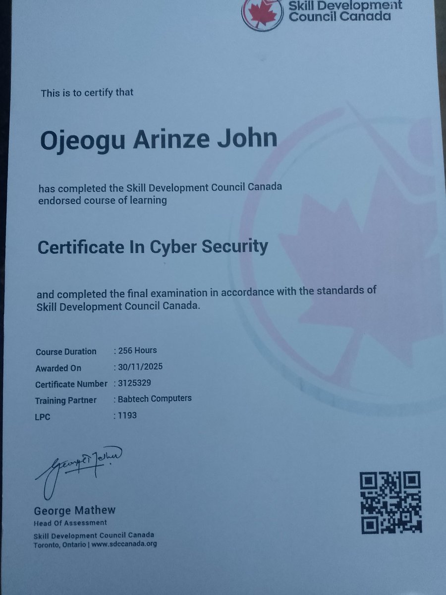 arinzej539's tweet image. Proud to share I’ve earned my Certificate in Cyber Security from Skill Development Council Canada 🎉

256 hours of learning and hands-on experience—excited for what’s next in cybersecurity 🔐

#CyberSecurity #TechSkills