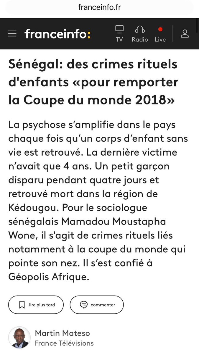ProsMarocains's tweet image. The dark side of football fever. In Senegal, the upcoming World Cup has revived fears of ritual child murders. No trophy is worth the life of an innocent child. Heartbreaking and horrifying. 💔 #StopChildSacrifice #Senegal #HumanRights