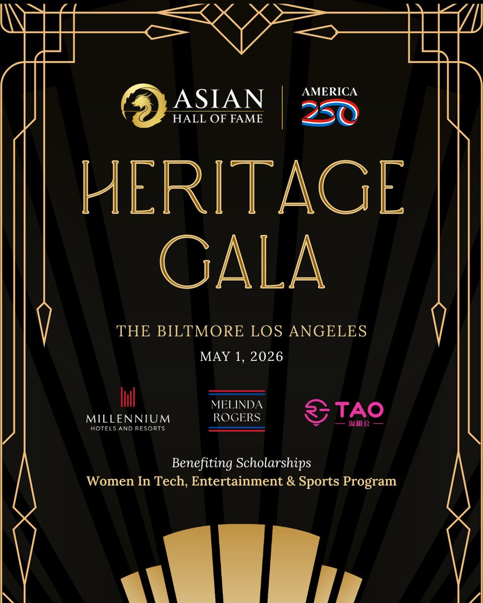 AsianHallofFame's tweet image. SOLD OUT. ✨

Asian Hall of Fame’s Heritage Gala returns May 1 — honoring Melinda Rogers as Woman of the Year.

Class of 2026 reveal 👀 coming soon.

#aapi #aapiheritagemonth #LAevents #nonprofit #scholarship