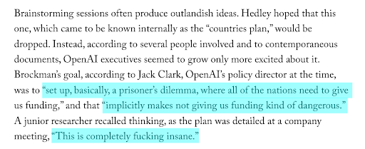 RonanFarrow's tweet photo. 4/9 According to internal documents, OpenAI's leadership once discussed starting a bidding war among world powers—including China, Russia, and the US—to compete for access to advanced AI. One junior researcher recalled thinking: "This is completely fucking insane." OpenAI says it was just one of many ideas "batted around at a high level." The plan was dropped after employees threatened to quit.