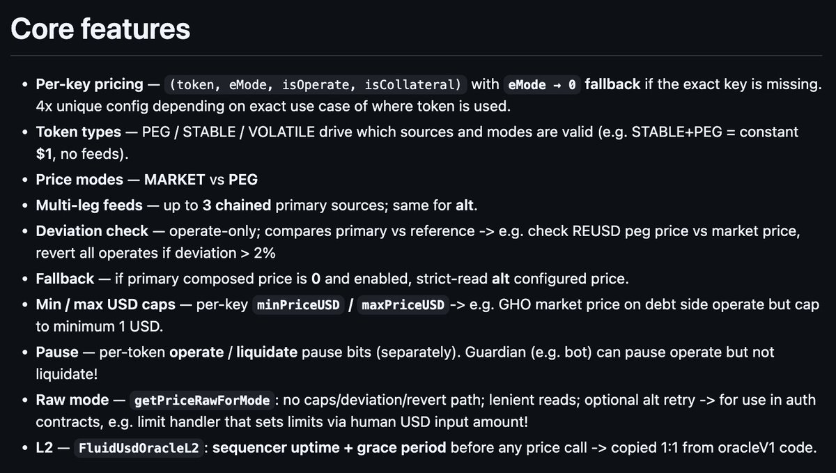 smykjain's tweet photo. At @0xfluid, we are working on most advanced oracles in DeFi which will allow us to configure every small config on: What pricing to use, when to use it and how to use it.

Here what we will be able to control:
- Use different price for user's operation & liquidations. For peg assets, use market pricing for user's operation and fundamental pricing for liquidation. If market price differs more than 2% than fundamental pricing then pause withdrawals & borrowings. Allowing protocol to not take any extra risk.
- For an asset used on collateral side, use more "conservative pricing" for user's operations while "realistic pricing" for liquidation.
- For an asset used on debt side, use more "aggressive pricing" for user's operations while "realistic pricing" for liquidation.

At any time, the pricing between liquidate & operate (user based operations) differs by x%. Then limit protocol from taking any new risk.

----------
In short, protocol will use both market price and fundamental price depending on action and go into temporary partial lockdown when pricing deviates by certain %.